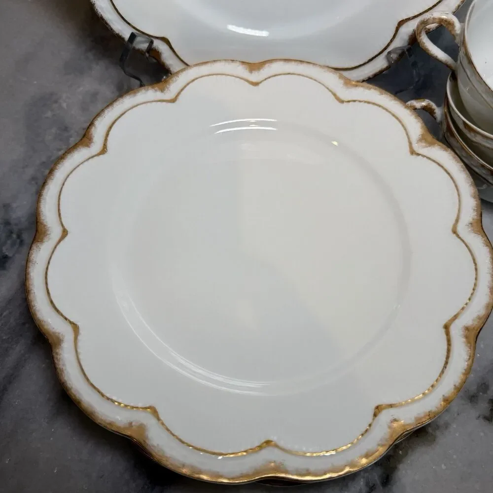 Antique Haviland Limoges Gold Dusted Rim Scalloped Plate Saucers Cups For 4 Set